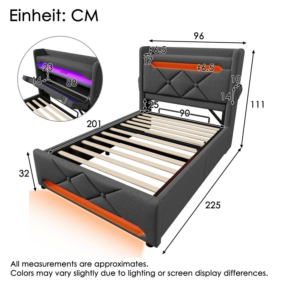 BETT mit LED, USB und Stauraum 90x200 cm Leinen Grau - Grau, Metall (90/200cm) - Meubliv