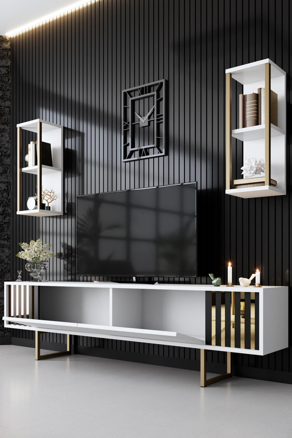 TV-MÖBEL Gold Line Weiß-Schwarz - Schwarz/Weiß, Holz (180/48/30cm) - Habitat Garten