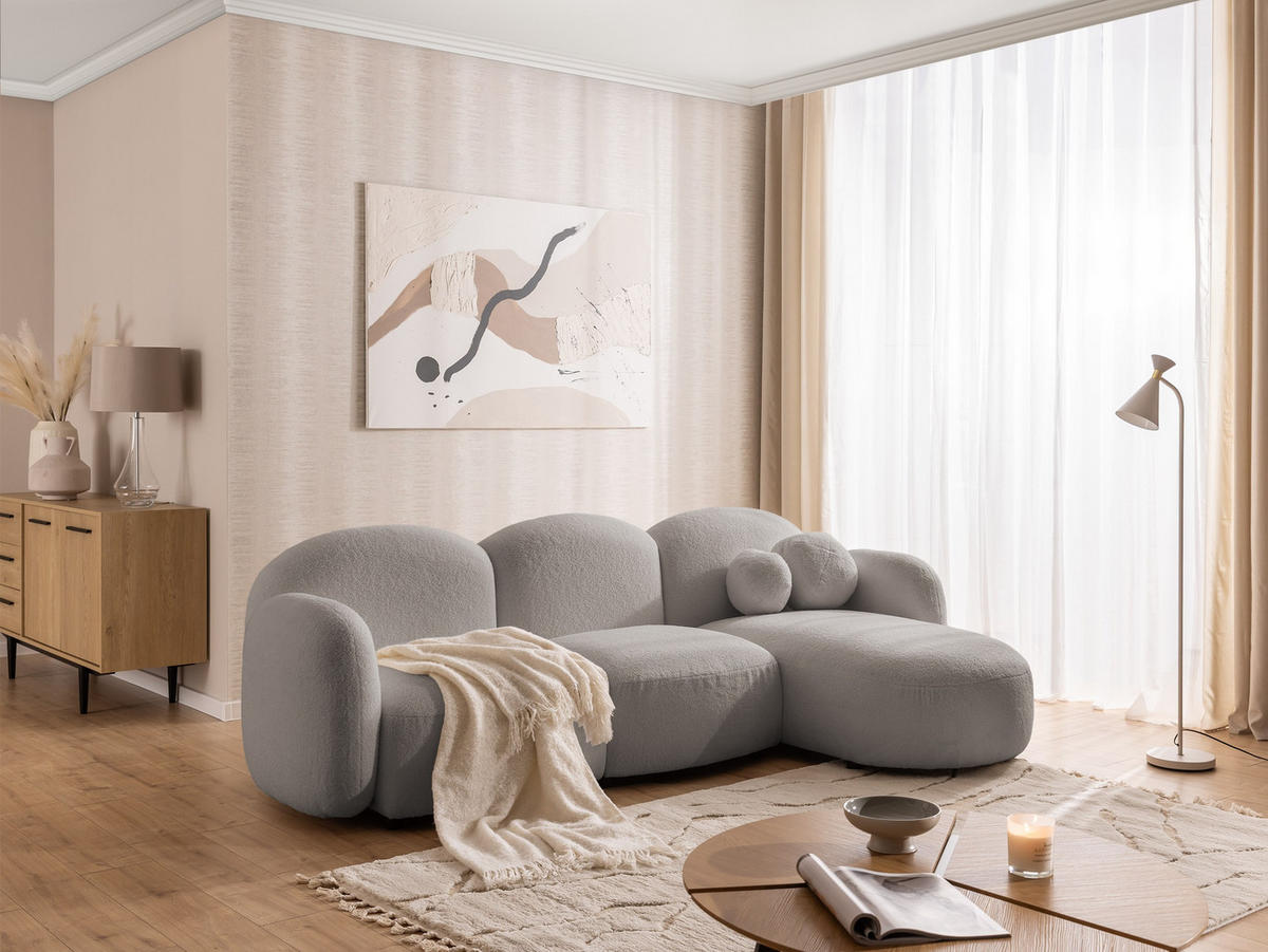 ECKSOFA Nuvola mit abgerundetem Design Hellgrau Bouclé-Stoff - Ottomane Rechts - Hellgrau/Schwarz, Holz/Kunststoff (268/146cm) - S-Style Möbel