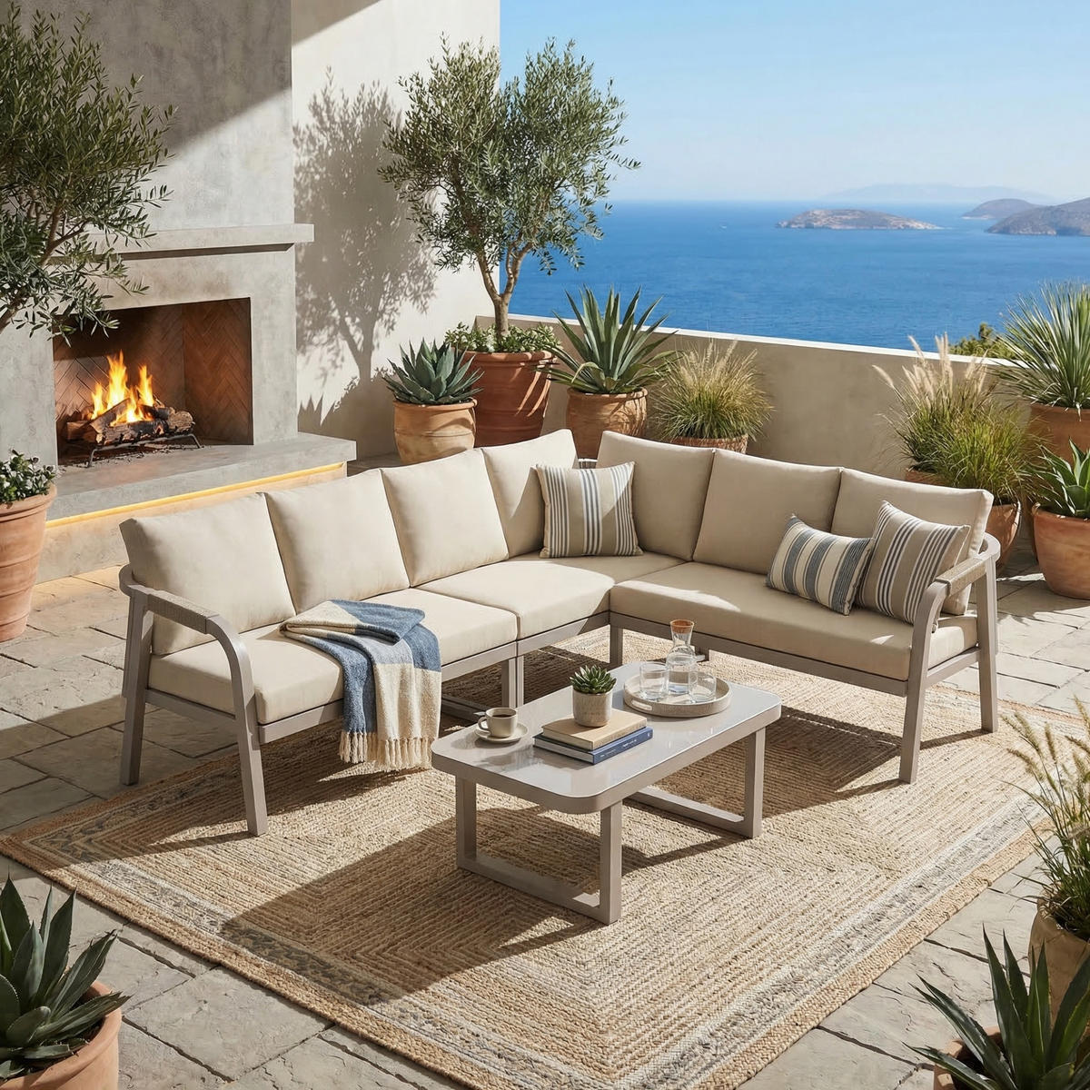 GARTENMÖBEL-SET mit Ecksofa, Couchtisch, Seilgeflecht und Glasplatte, Beige - Beige, Metall - Redom