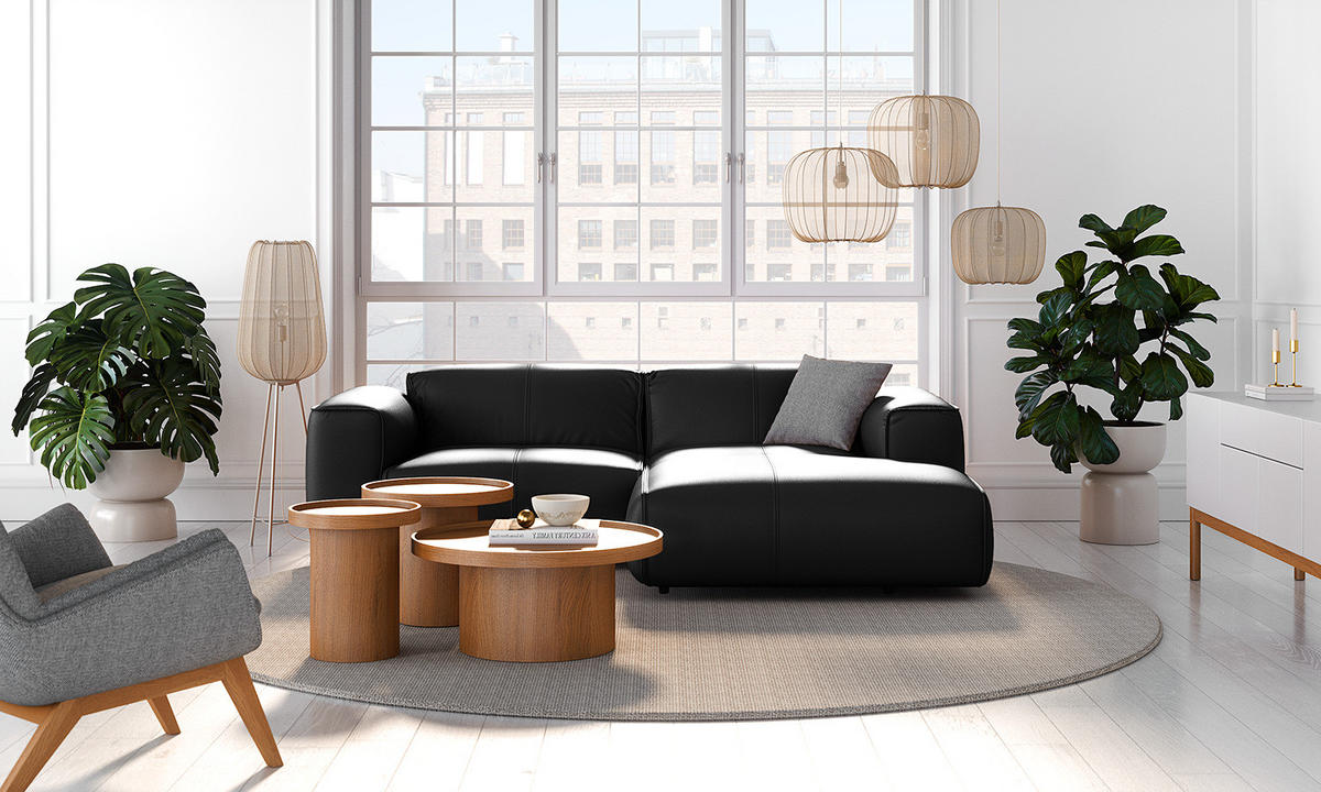 ECKSOFA mit XL-Longchair - Schwarz, Leder/Kunststoff (260/171cm) - home24