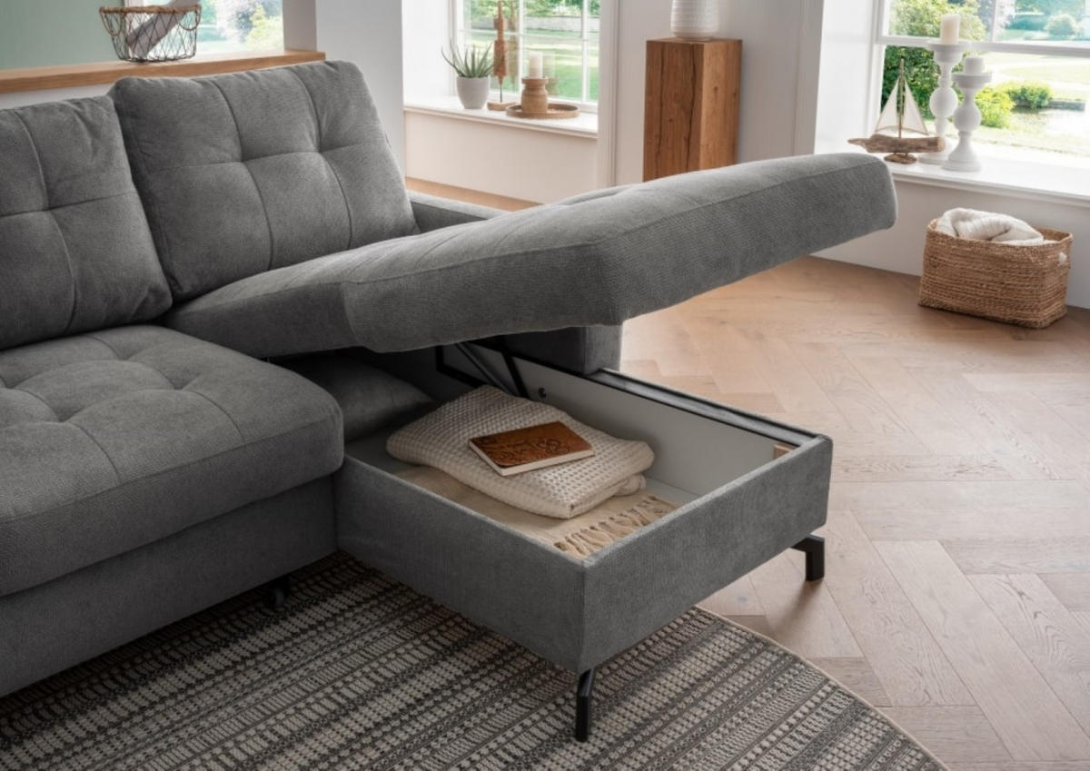 ECKSOFA mit Schlaffunktion und Bettkasten, Luxus-Mikrofaser - Dunkelgrau/Schwarz, Textil/Metall (150/230cm) - myHomelando