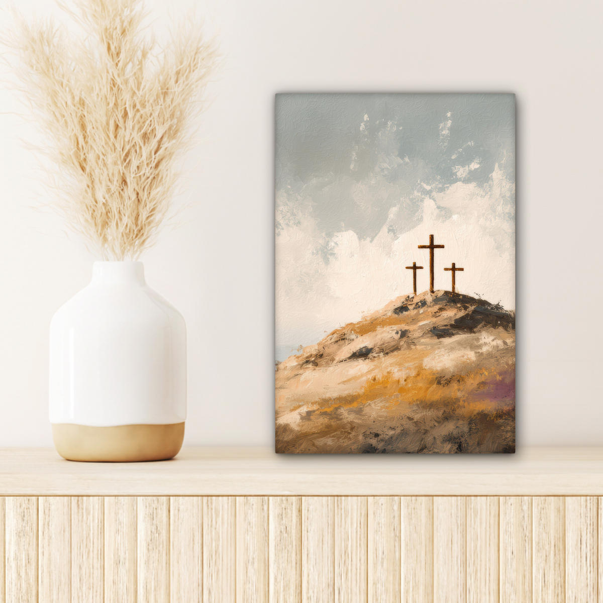 LEINWANDBILD Hügel - Abstrakt - Christentum - Kreuz Deko Wohnzimmer 20x30 cm - Hellgrau, Textil (20/30cm) - MuchoWow