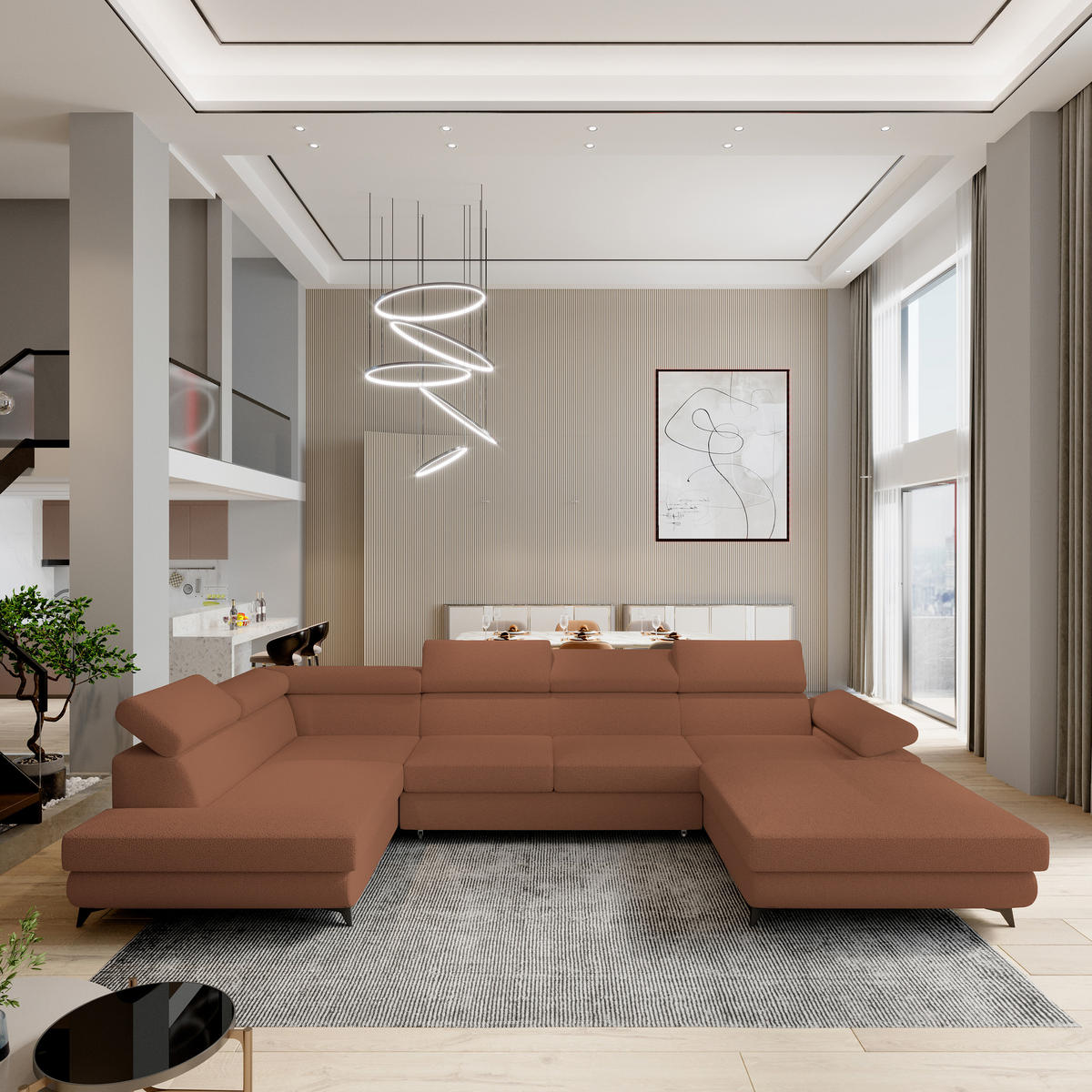 ROHOVÁ SEDAČKA RUBANO měděná - černá/měděná, kov/dřevo (339/190cm) - MASSENO