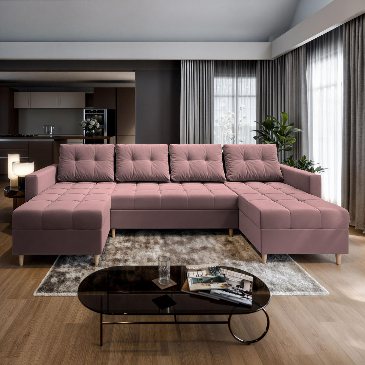 WOHNLANDSCHAFT MILO U Rosa Plüsch-Stoff mit Schlaffunktion - Rosa, Holz (285/91/140cm) - MASSENO