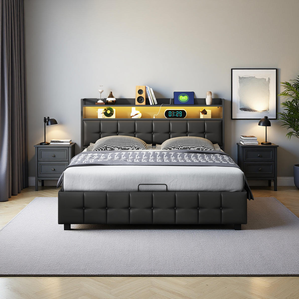 DOPPELBETT 140x200 Schwarz PU Hydraulikstauraum LED USB - Schwarz, Holzwerkstoff (160/200cm) - SHOPENTRA