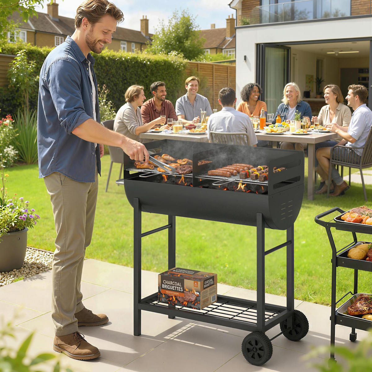 HOLZKOHLEGRILL mit Räder aus Metall Schwarz - Schwarz, Metall (46.5/100/103cm) - Outsunny