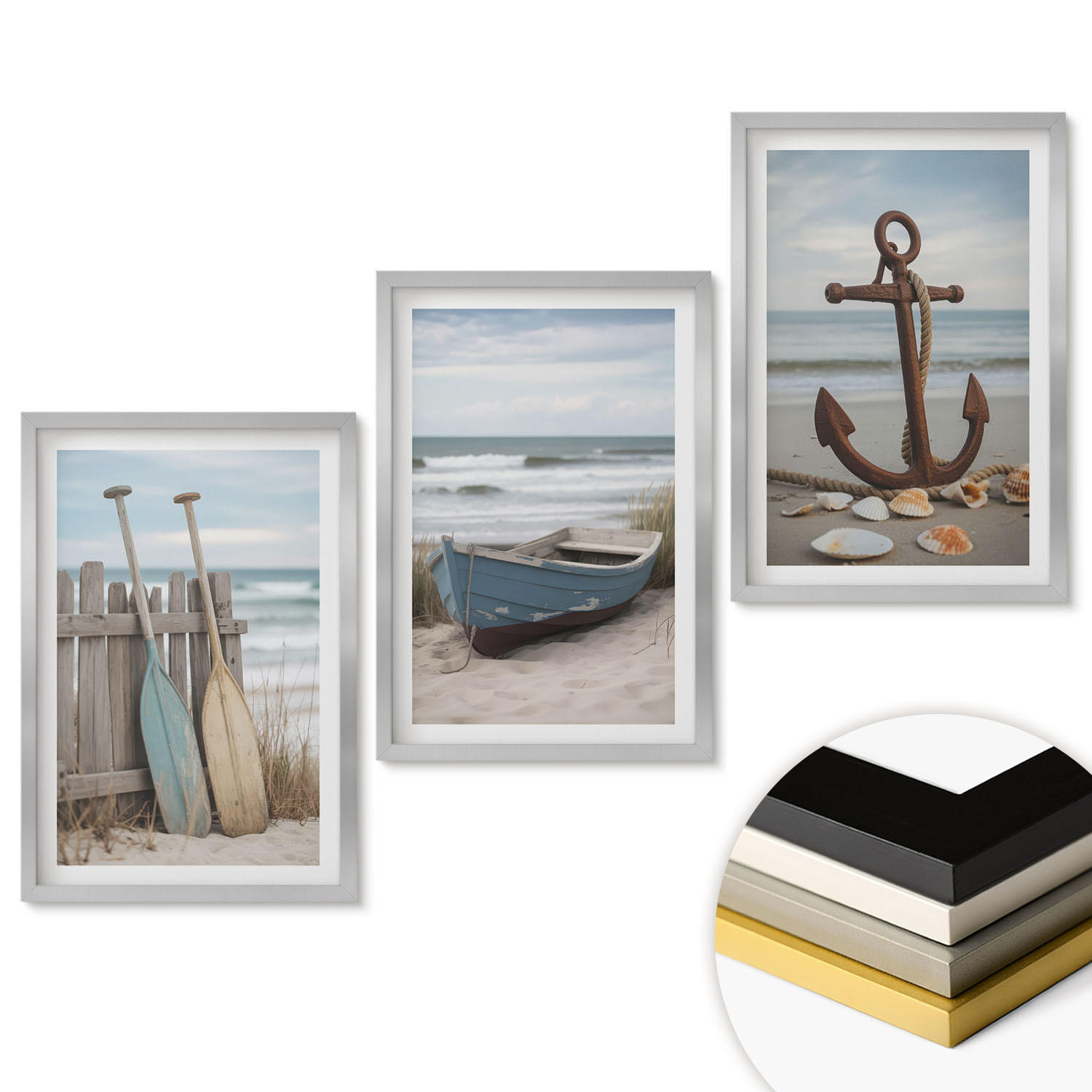 WANDBILDER 3er Set - 40x60 cm Silberner Rahmen - Strandbootanker Sand - Silberfarben, Kunststoff (40/60cm) - ArtPrintCave