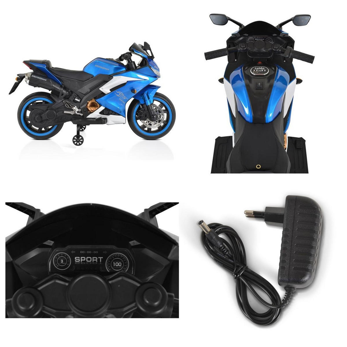 ELEKTROMOTORRAD Motocross blau MP3-Funktion Bluetooth Stützräder Lichter - Blau, Kunststoff (120/60/74cm) - Moni