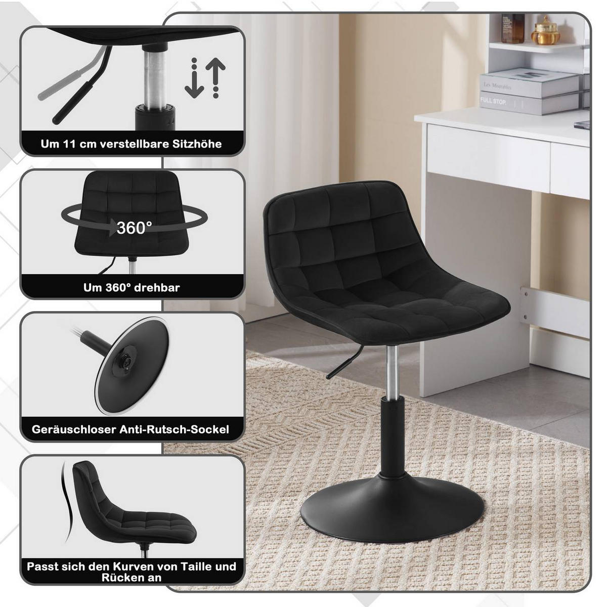BARHOCKER Mehrzweck 360° Schwenken Samt, Schwarz - Schwarz, Textil/Metall (42.5/72/45cm) - Woltu