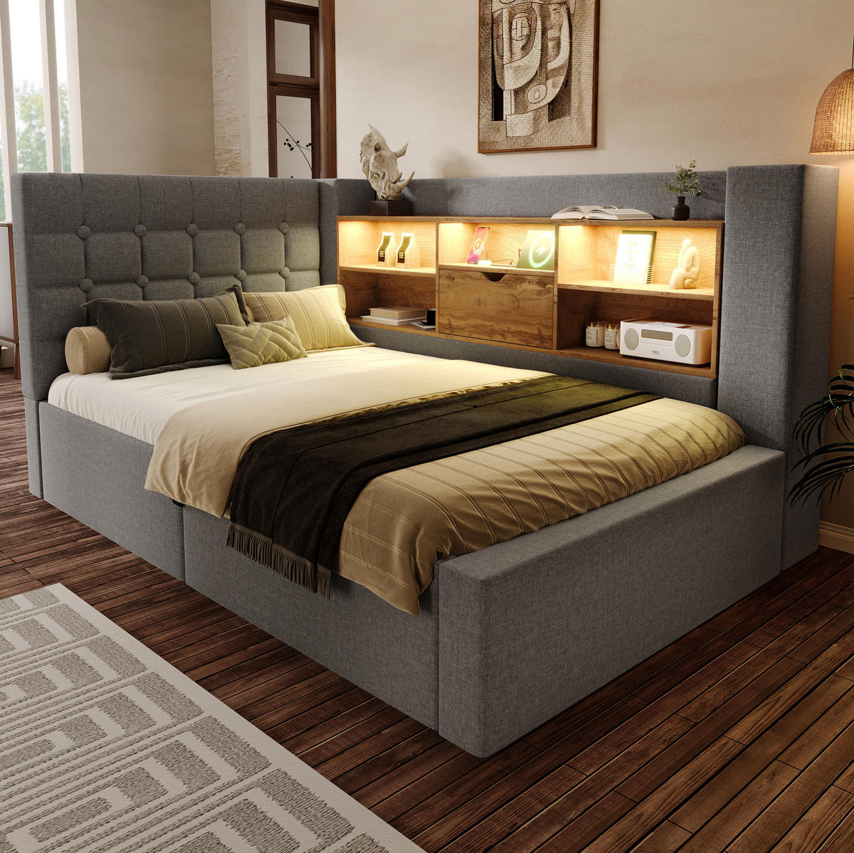 BETT mit Stauraum 90x200 cm Leinen Grau - Grau, Metall (90/200cm) - Meubliv