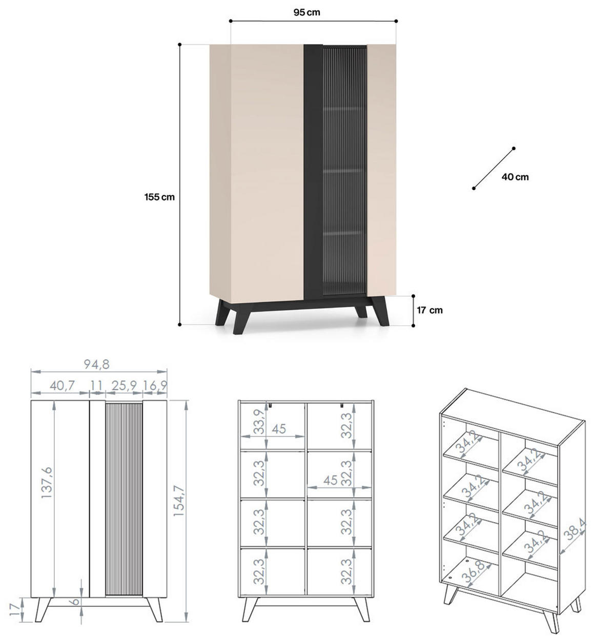 VITRINE Freshion Kaschmir / Schwarz 95 / 40 / 155cm - Multicolor/Creme, Holz/Holzwerkstoff (95/155/40cm) - Feldmann-Wohnen