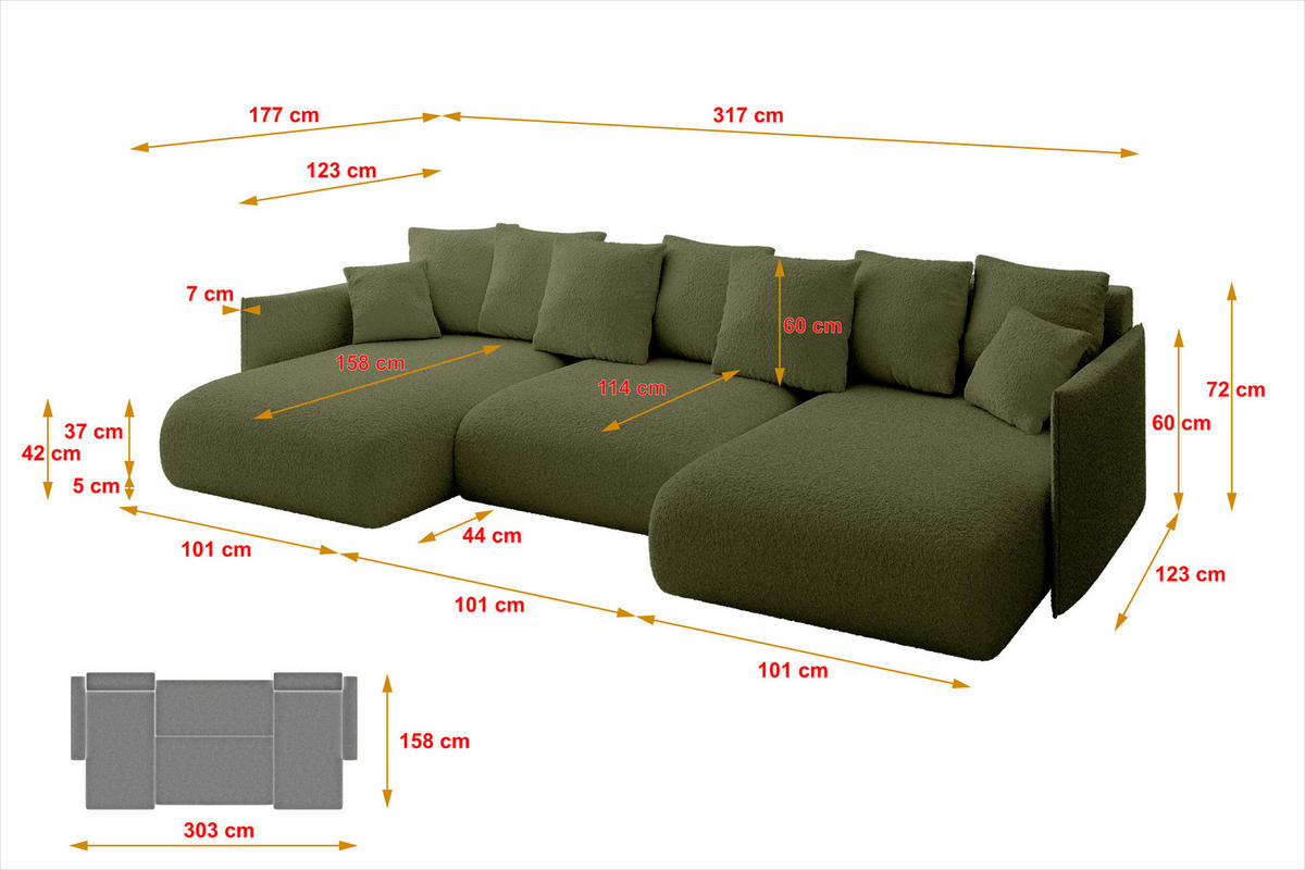 WOHNLANDSCHAFT mit Schlaffunktion und Bettkasten ONESK-U 317x177x72 Grün Bouclé - Olivgrün, Holzwerkstoff/Kunststoff (317/72/177cm) - ALTDECOR
