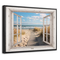 LEINWAND Bilder mit Rahmen - Fenster - Meer - Küste - Natur - Ausblick - Strand - Wattenmeer - 40x30 - Beige, Textil (40/30cm) - MuchoWow