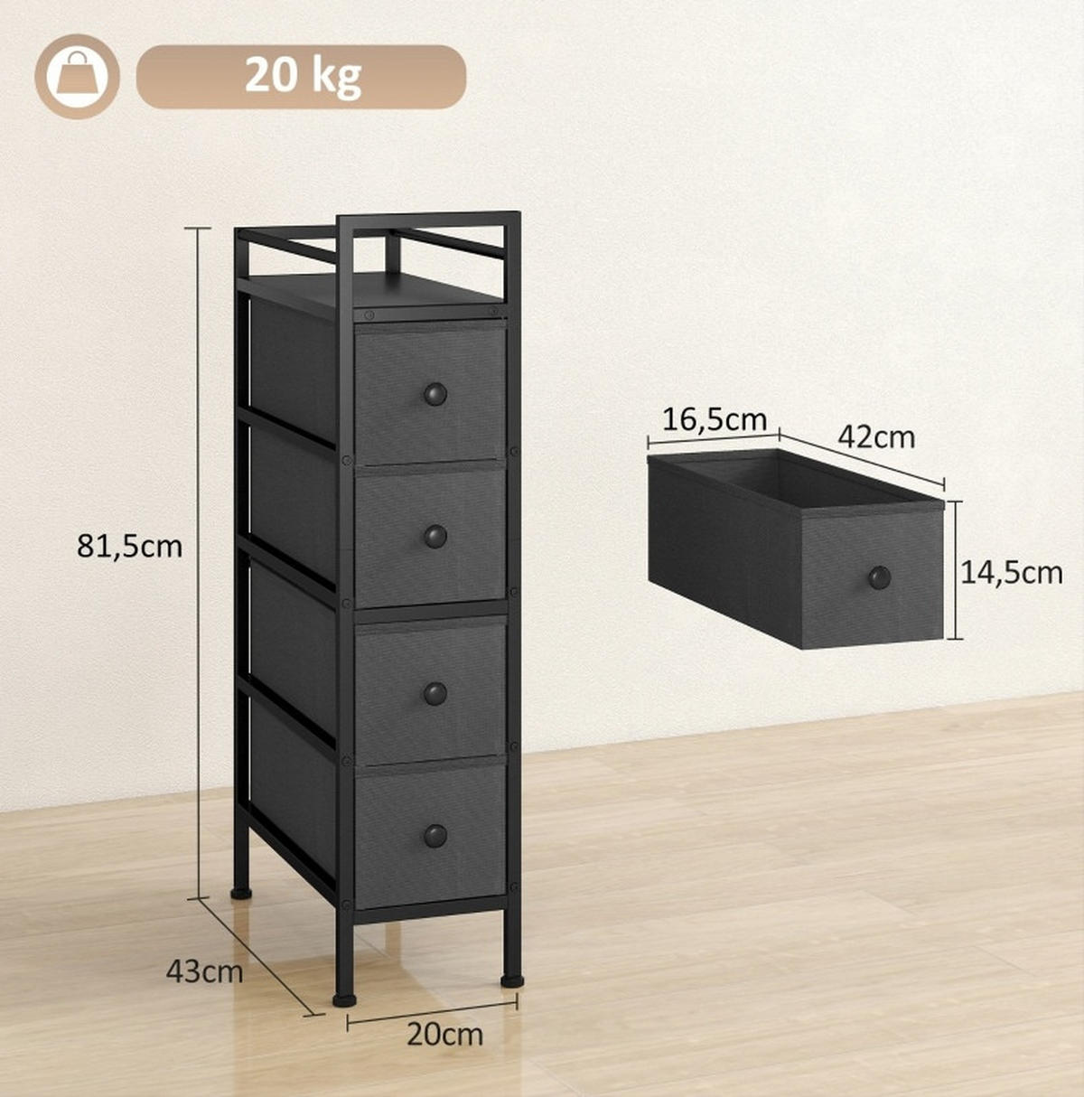 KOMMODE 20/43/81,5 cm aus Holzwerkstoff mit 4 Stoffschubladen Schwarz - Schwarz, Holz (20/81.5/43cm) - Modenvie