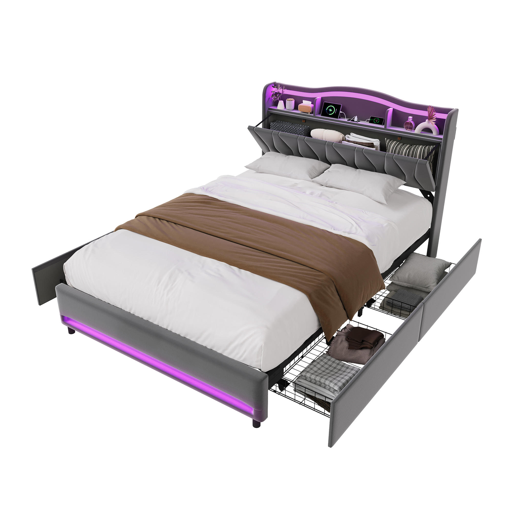 POLSTERBETT 140/200 cm mit Stauraumschubladen, aufklappbarem Kopfteil, Ablagefach mit mehrfarbigem LED & USB, LED-Leiste am Bettfuß - Grau, Holz/Metall (140/200cm) - Joyfair
