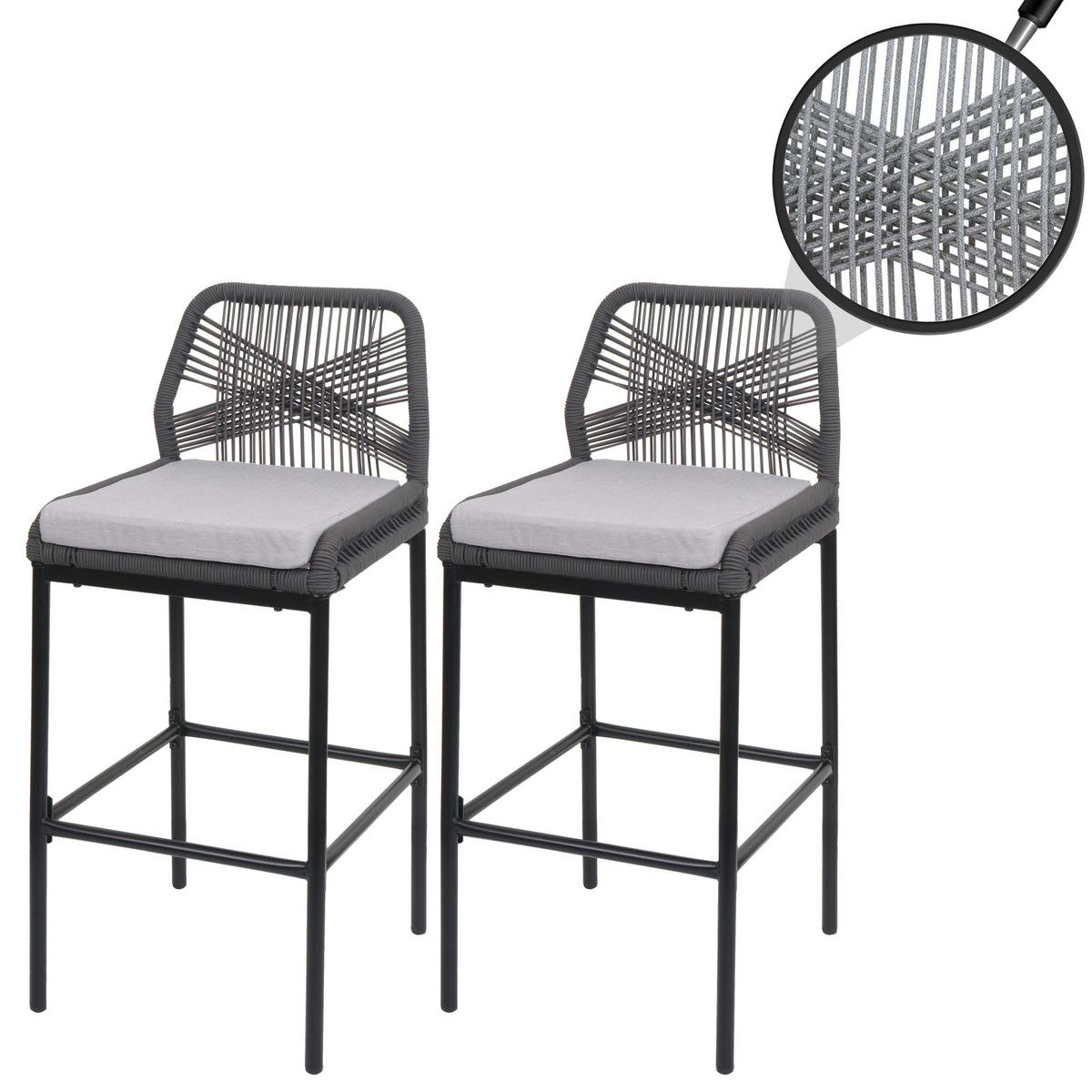 GARTENSTUHL 2er-Set HxBxT 101x45x52cm Sitzhöhe 76cm Anthrazit Kissen Hellgrau Seilgeflecht Metall - Anthrazit, Metall (45/101/52cm) - PROREGAL