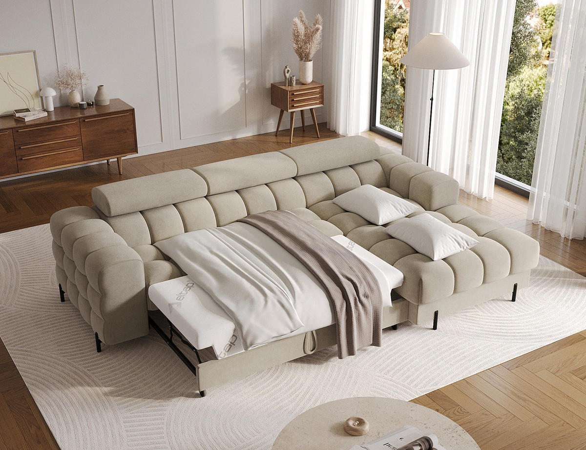 ECKSOFA FELRO mit Schlaffunktion, Bettkasten & verstellbaren Kopfstützen – Modernes Premium-Ecksofa in L-Form - Beige, Kunststoff (181/285cm) - Wohnideebilder
