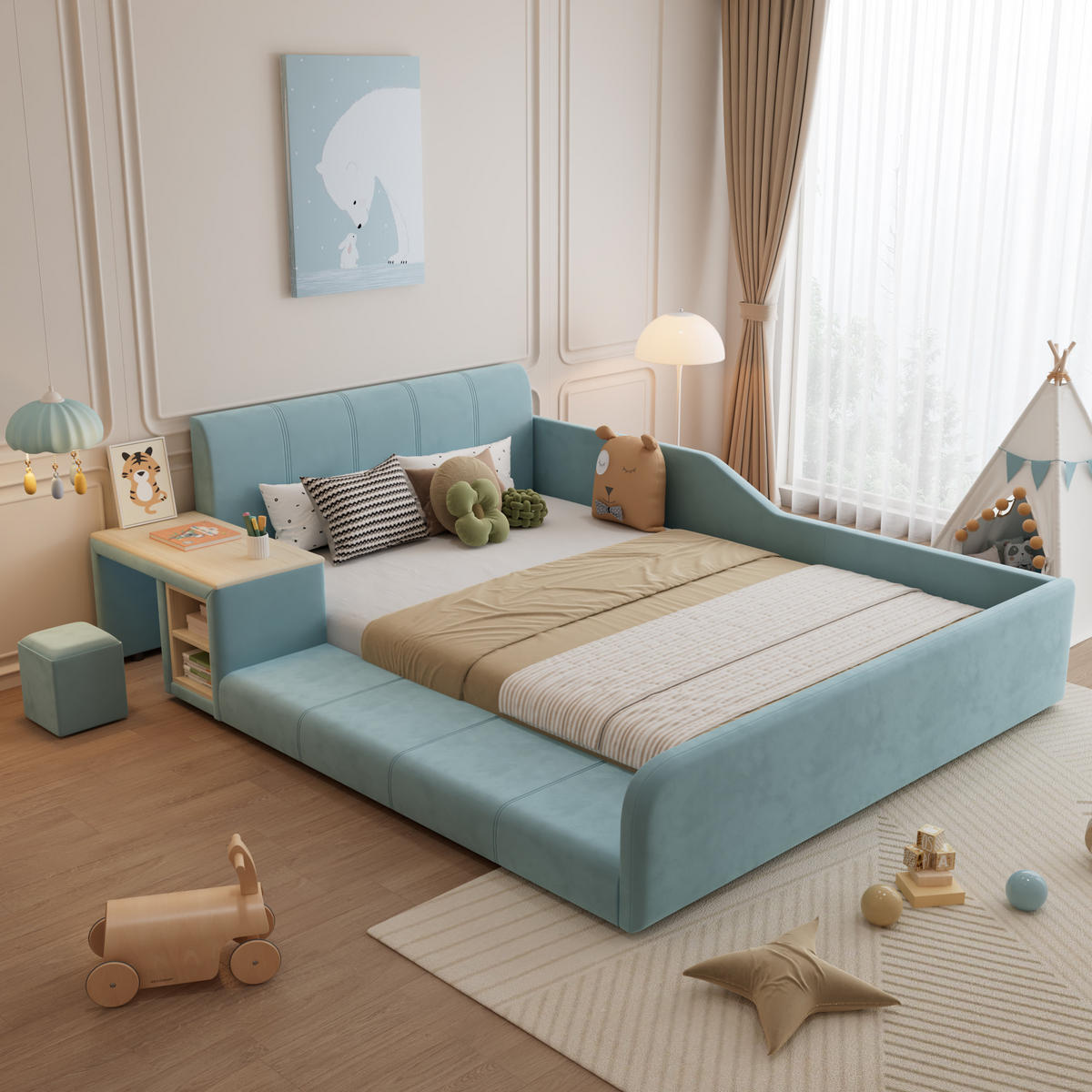 KINDERBETT 140/200 cm DE-02193, in Blau, mit Schreibtisch und Hocker - Blau, Holzwerkstoff (140/200cm) - ComfortXL