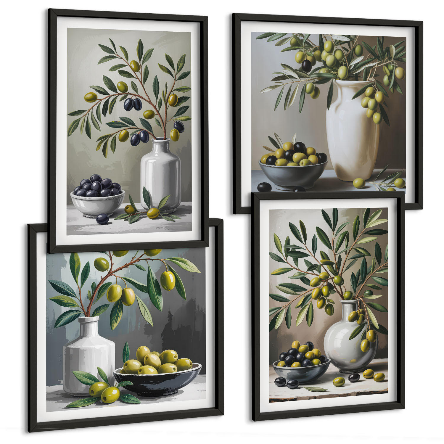BILDER SET 4er Set - 50x50 cm & 40x60 cm Schwarzer Rahmen - Oliven in Keramikgrau - Schwarz, Kunststoff (50/50cm) - TULUP