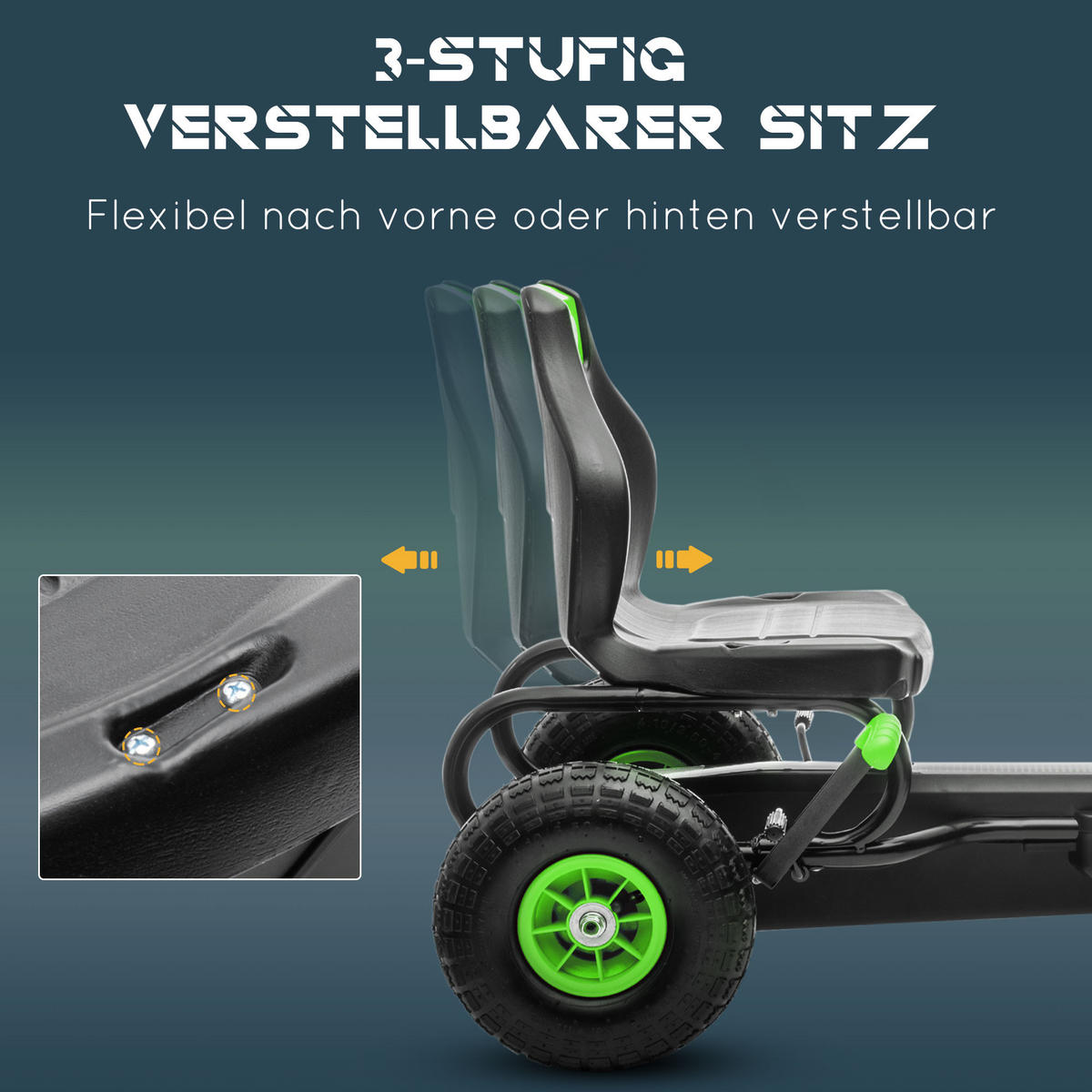 KINDER GO KART TRETAUTO, Blau+Schwarz/Grün+Schwarz/Rot+Schwarz, Metall - Grün, Metall (121/58/61cm) - HOMCOM