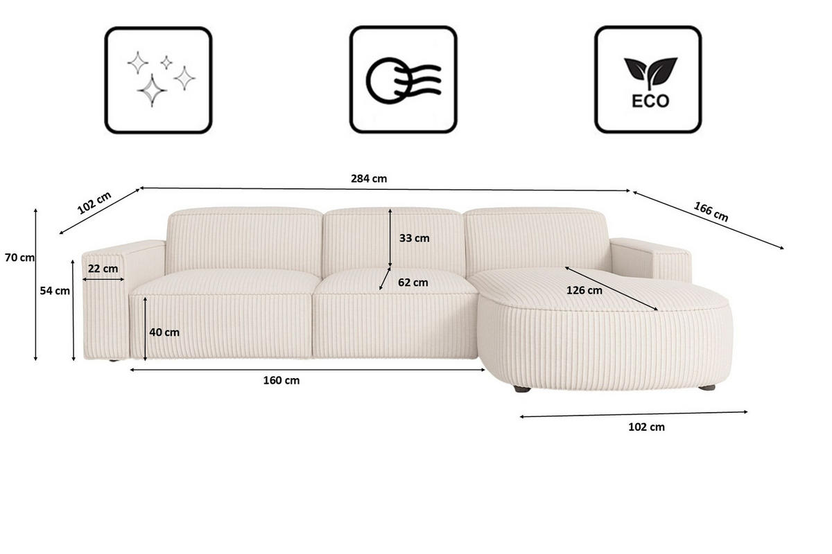 ECKSOFA Cursal Round L-Form, Stoff Poso, Beige, Rechts - Creme, Holz (284/166cm) - Kaiser Möbel