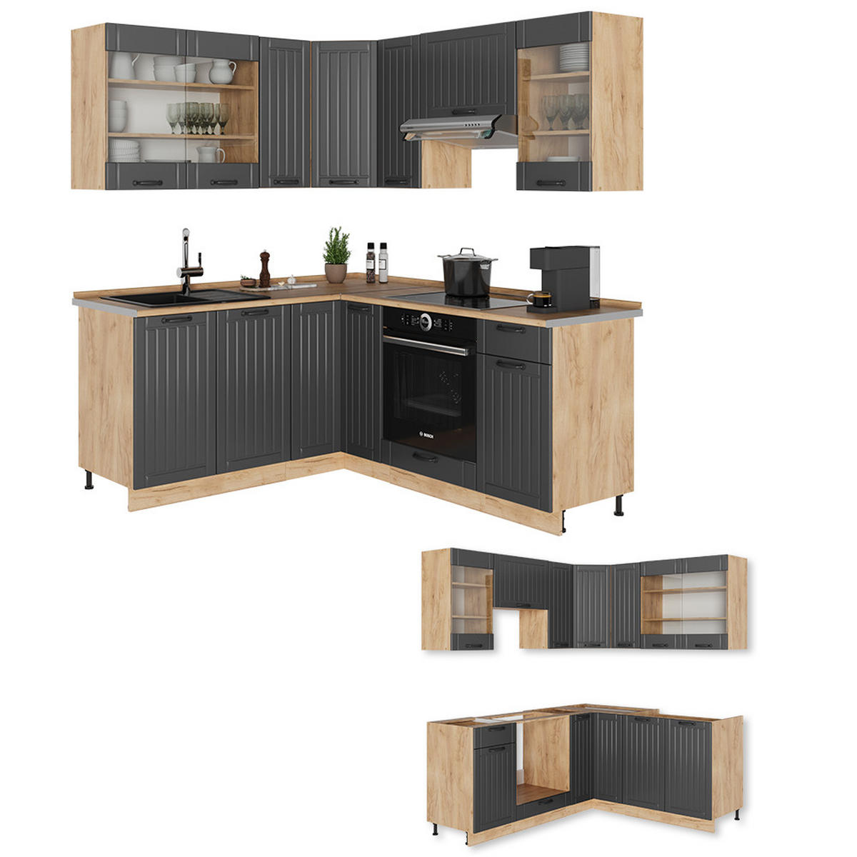 ROHOVÁ KUCHYŇ Fame-Line Tmavě šedá - medově dubová/tmavě šedá, kompozitní dřevo (190/81.6/46cm) - Vicco