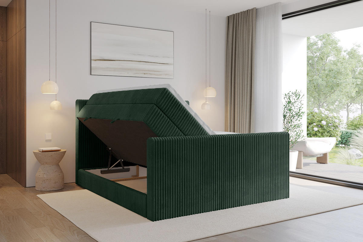 BOXSPRINGBETT mit Matratze H3|H4 und Lattenrost - TOLO-Z KING 200x200 Cord - Dunkelgrün - Dunkelgrün, Holzwerkstoff (200/200cm) - ALTDECOR