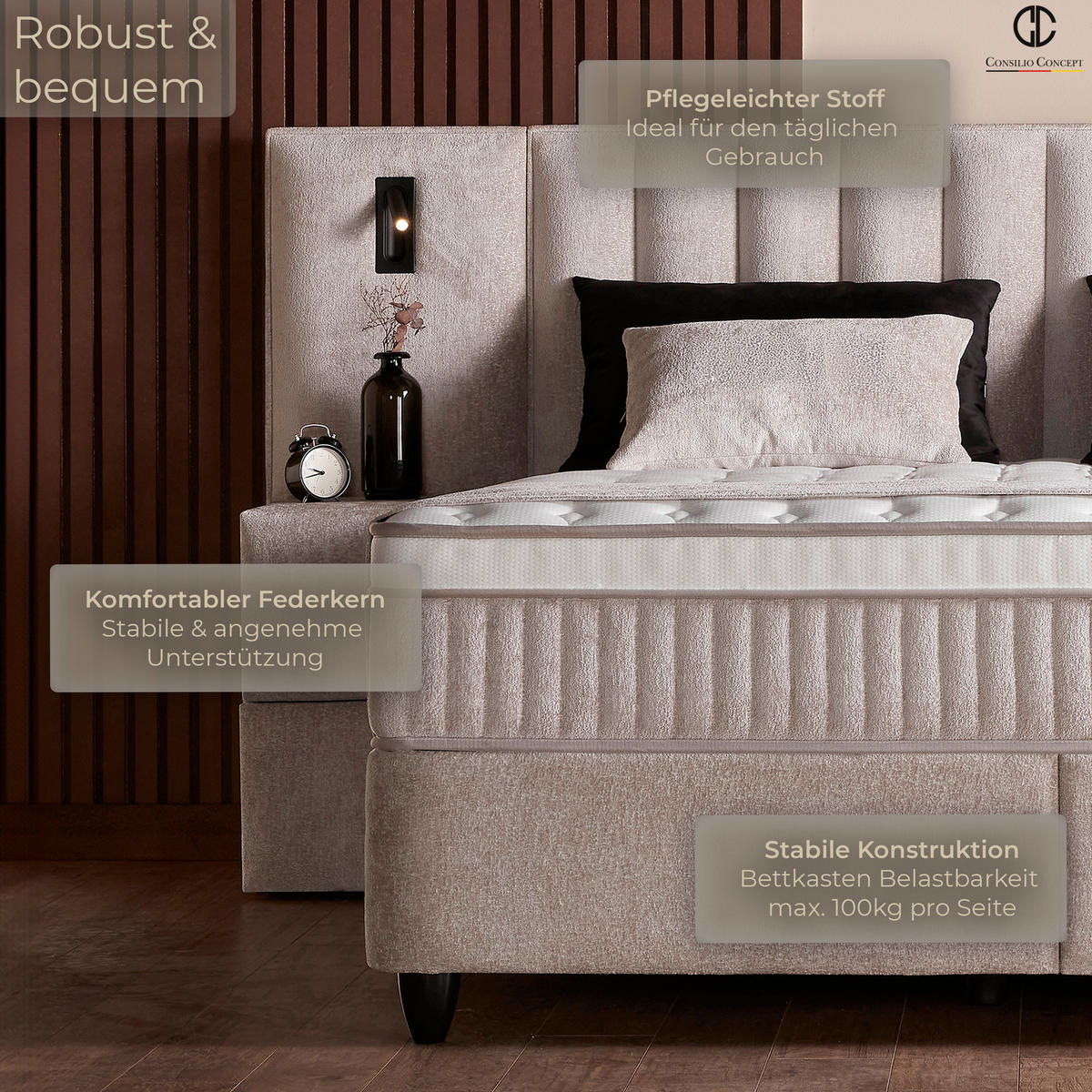 BOXSPRINGBETT MIT BETTKASTEN PALERMO 160/200 cm, Beige, Bettkasten, Matratze, Topper integriert, H3 mittel 7-Zonen Matratze - Creme/Schwarz, Holz/Kunststoff (160/200cm) - Consilio Concept