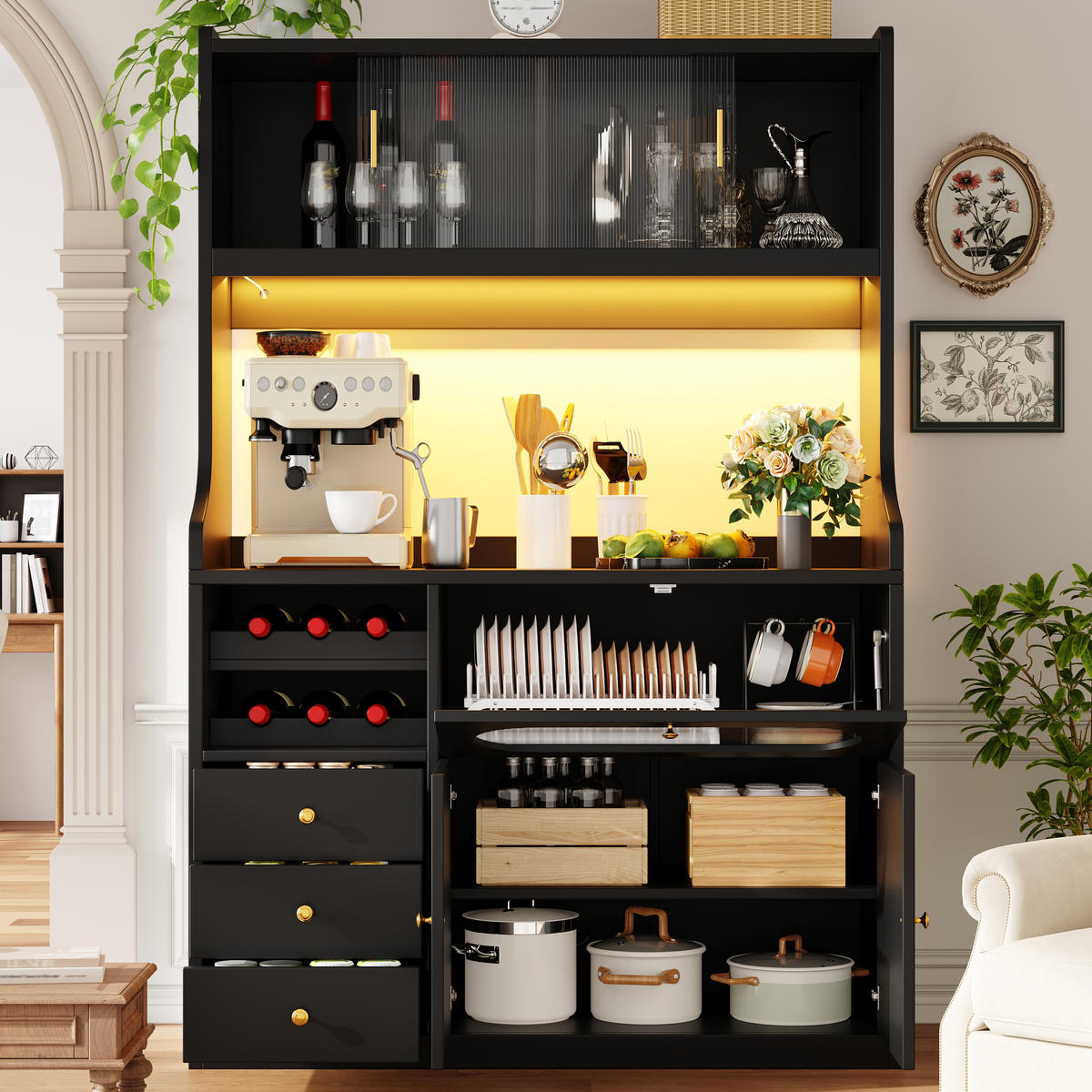 BUFFET DE-38487 120/40/180 cm mit LED-Beleuchtung und Weinregal Schwarz - Schwarz, Holzwerkstoff (120/180/40cm) - ComfortXL