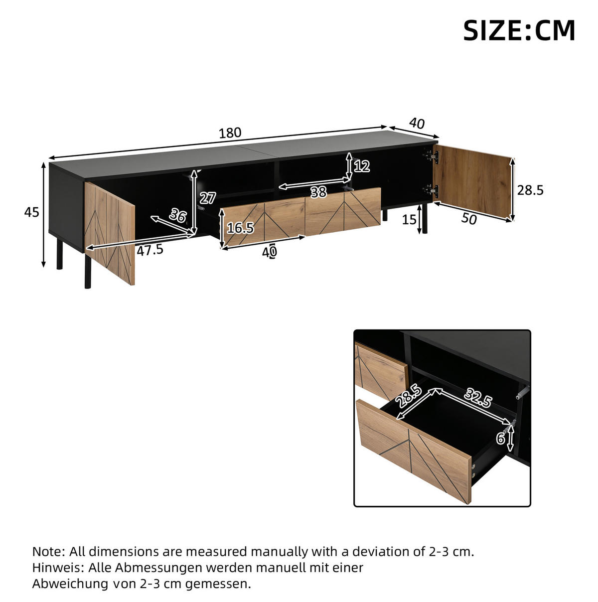 TV-LOWBOARD 180/40/45 cm schwarz/natur aus Spanplatte mit 2 Schubladen und 2 Türen - Schwarz, Holzwerkstoff (180/45/40cm) - OKWISH