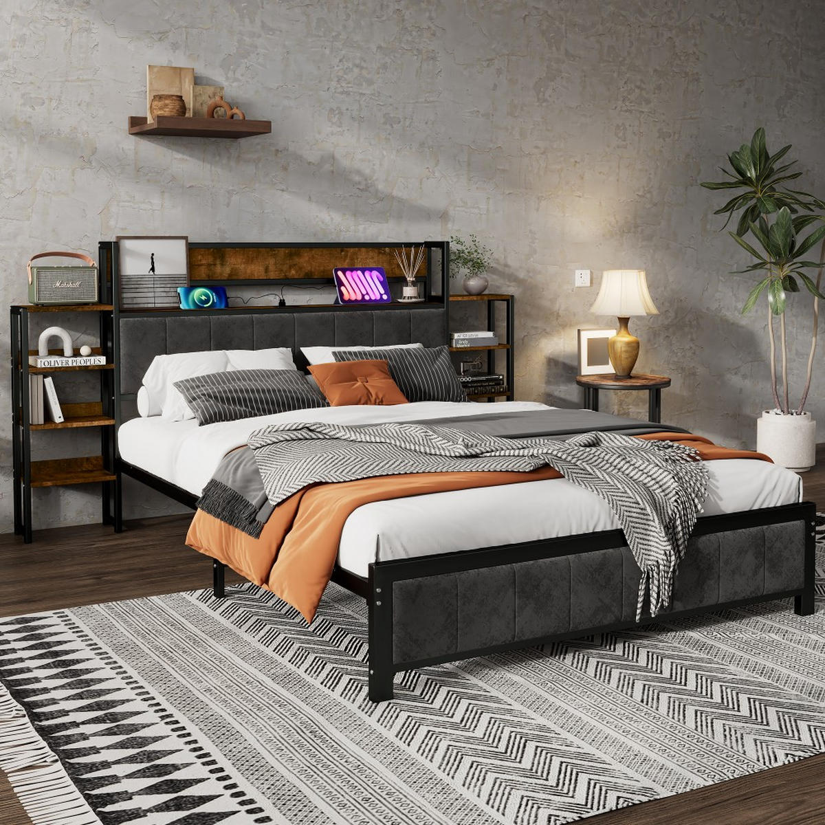 METALLBETT 140x200cm in Schwarz + Walnus，Kopfteil mit Regal - Schwarz, Metall (140/200cm) - KOMHTOM