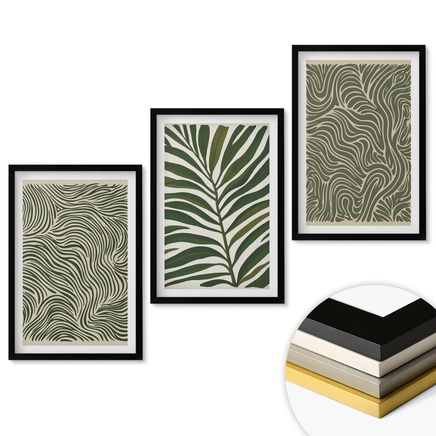 WANDBILDER 3er-Set - 40x60 cm Schwarzer Rahmen - Blattmuster wellenförmige Formen - Schwarz, Kunststoff (40/60cm) - ArtPrintCave