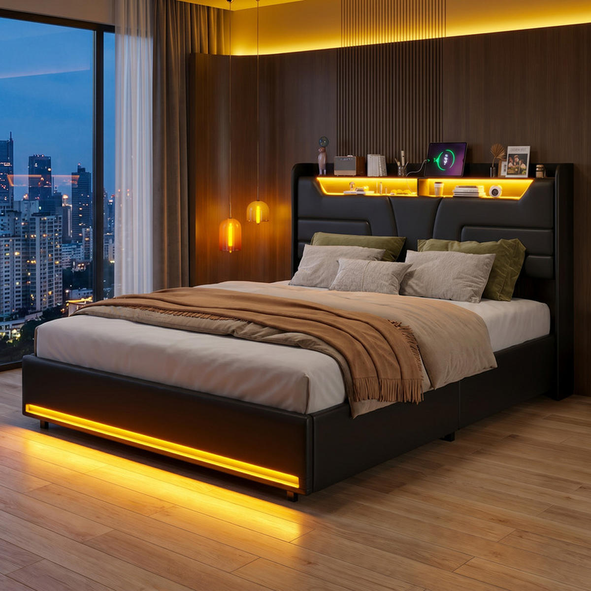 POLSTERBETT 160/200 cm schwarz mit Stauraum, LED und USB - Schwarz, Holz - SHOPENTRA