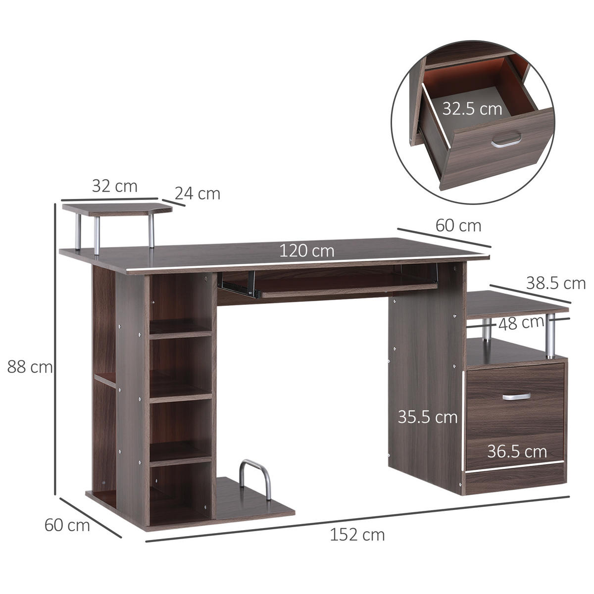 BÜROTISCH Braun 1 Stück - Braun, Holzwerkstoff (60/152/88cm) - GiPP
