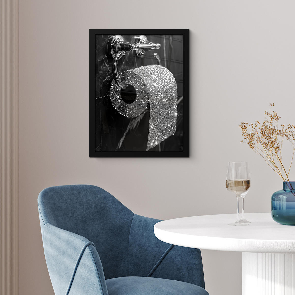 GERAHMTES BILD WC - Toilettenpapier - Schwarz und weiß - Glitter 30x40 cm - Silberfarben, Papier (30/40cm) - MuchoWow