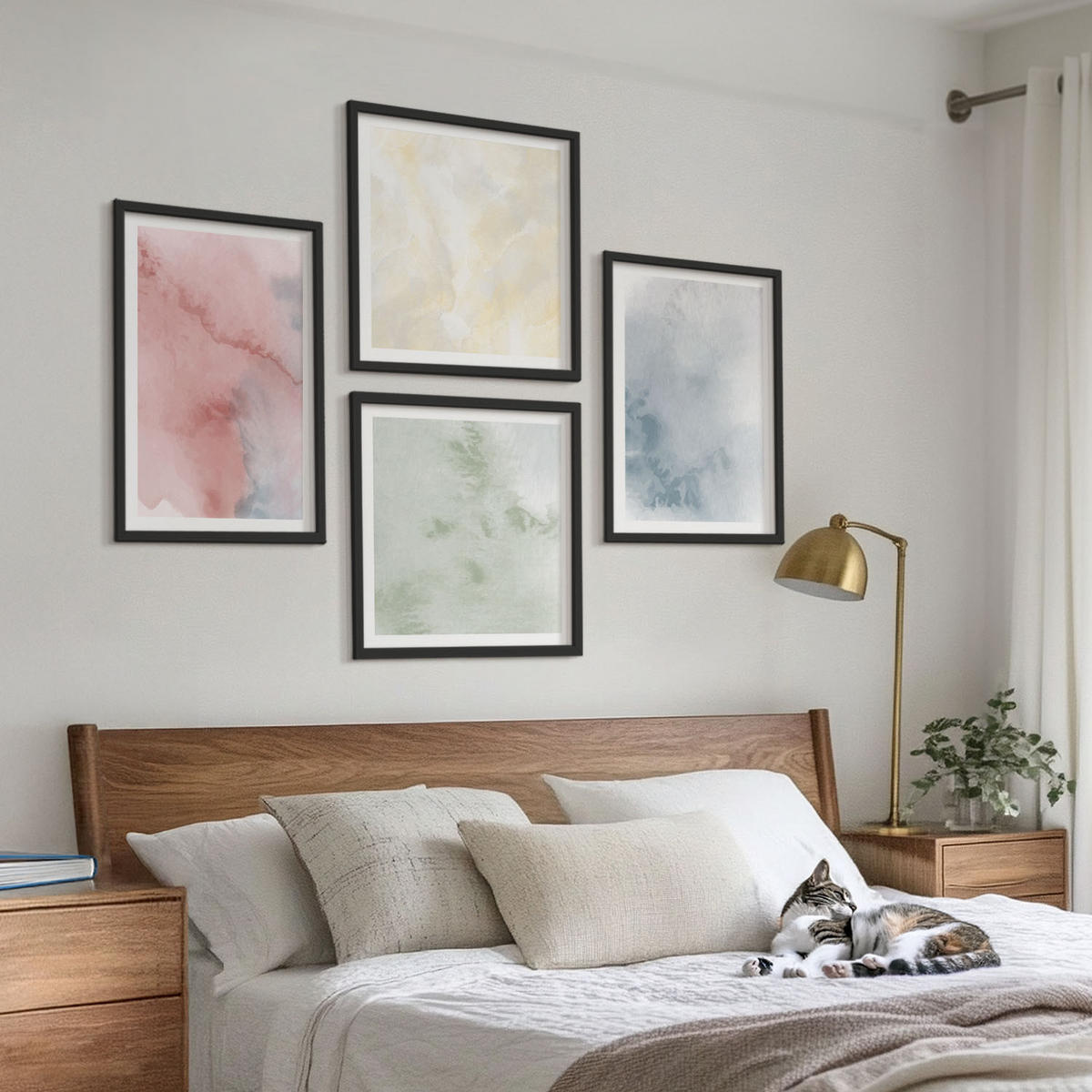WANDBILDER 4er-Set - 50x50 cm & 40x60 cm Schwarzer Rahmen - Aquarellfarben in Pastellfarben - Schwarz, Kunststoff (50/50cm) - ArtPrintCave