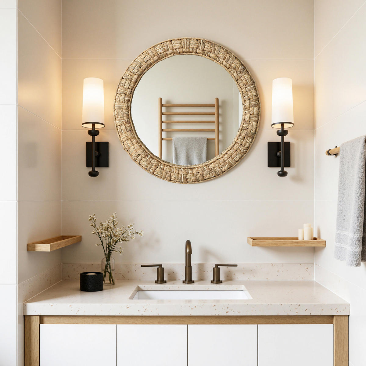 52CM H Runder Wandspiegel mit Rahmen aus geflochtener Wasserhyazinthe Geeignet für Badezimmer, Wohnzimmer und Schlafzimmer - Hellbraun/Beige, Glas/Holz (52/3.5/52cm) - Hometopia