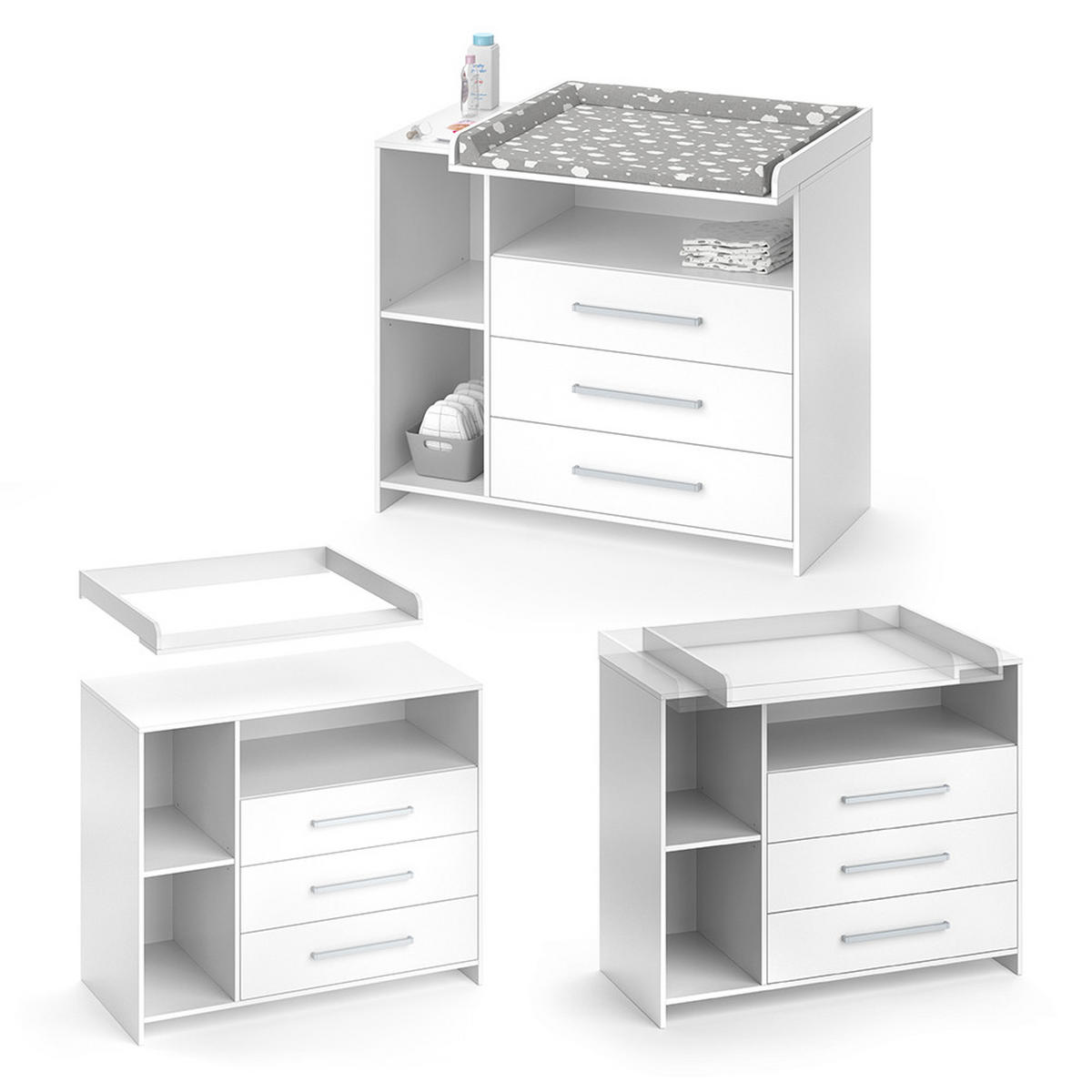 WICKELKOMMODE Oskar Weiß 113 x 100 cm mit 3 großen Schubladen - Weiß, Holzwerkstoff (113/100/53cm) - Vicco
