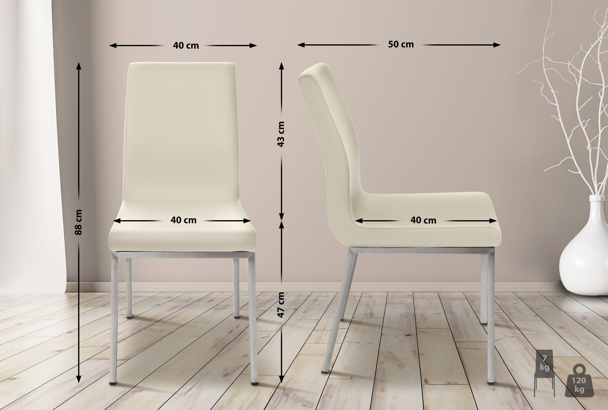 STUHL Lederlook Creme - Edelstahlfarben/Creme, Textil/Metall (40/88/50cm) - CLP