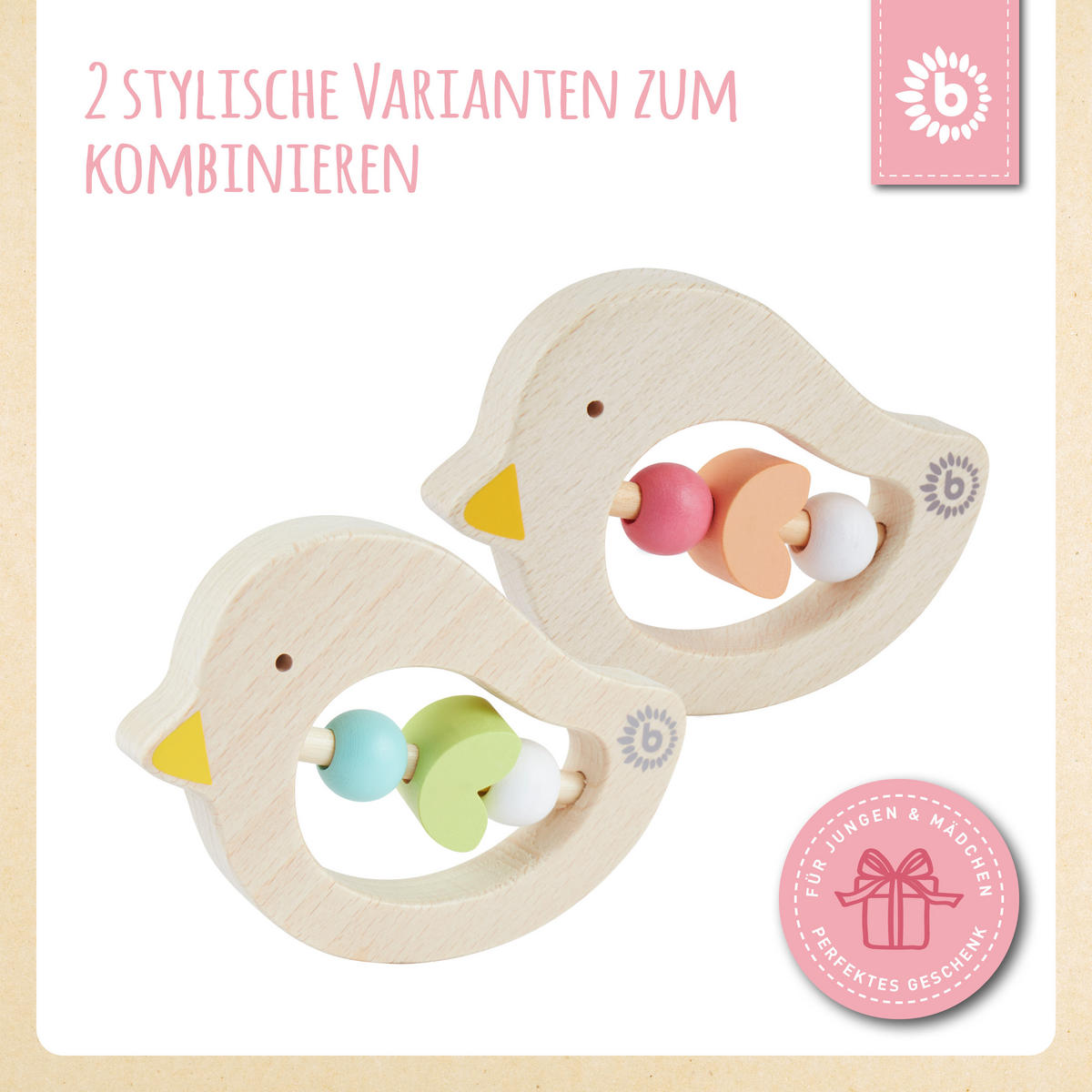 BEISSRING Holz Vogel - ab Geburt - Orange, Holz (7.5/10.3cm) - Bieco Spielwaren