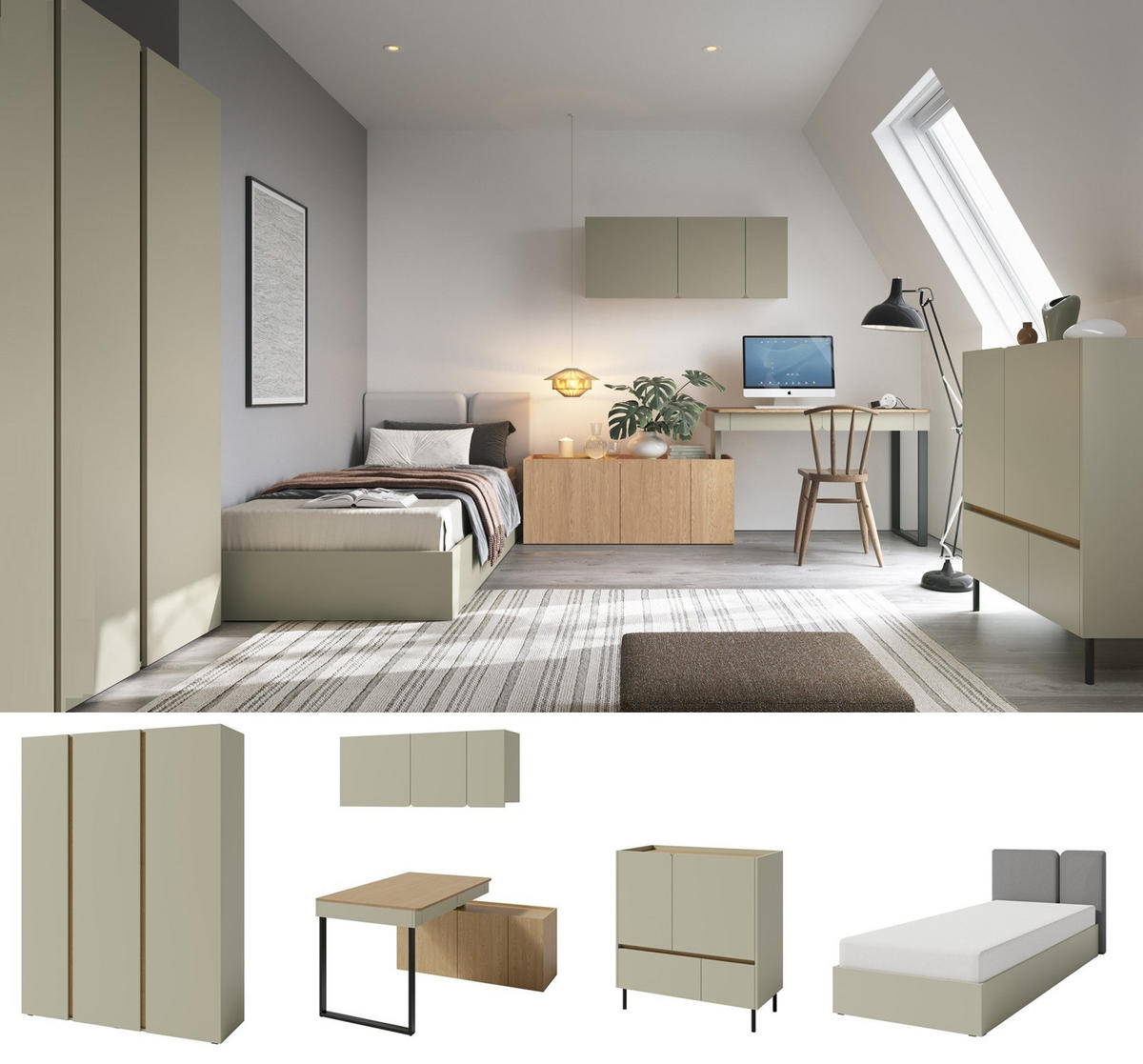 JUGENDZIMMER Laris Set C mit Bett 90 x 200 - Eukalyptus / Eiche Baltic Dune - Eukalyptusholzfarben/Eichefarben, Holzwerkstoff/Metall (145/195/50cm) - QMM TraumMöbel
