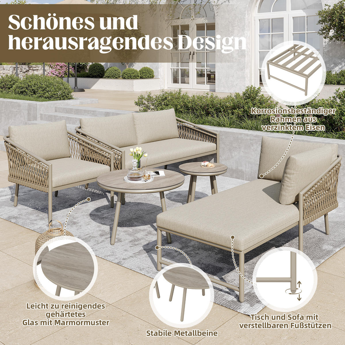LOUNGESET Modern Khaki Handgewebtes Seil - Hellbraun, Metall - FLIEKS