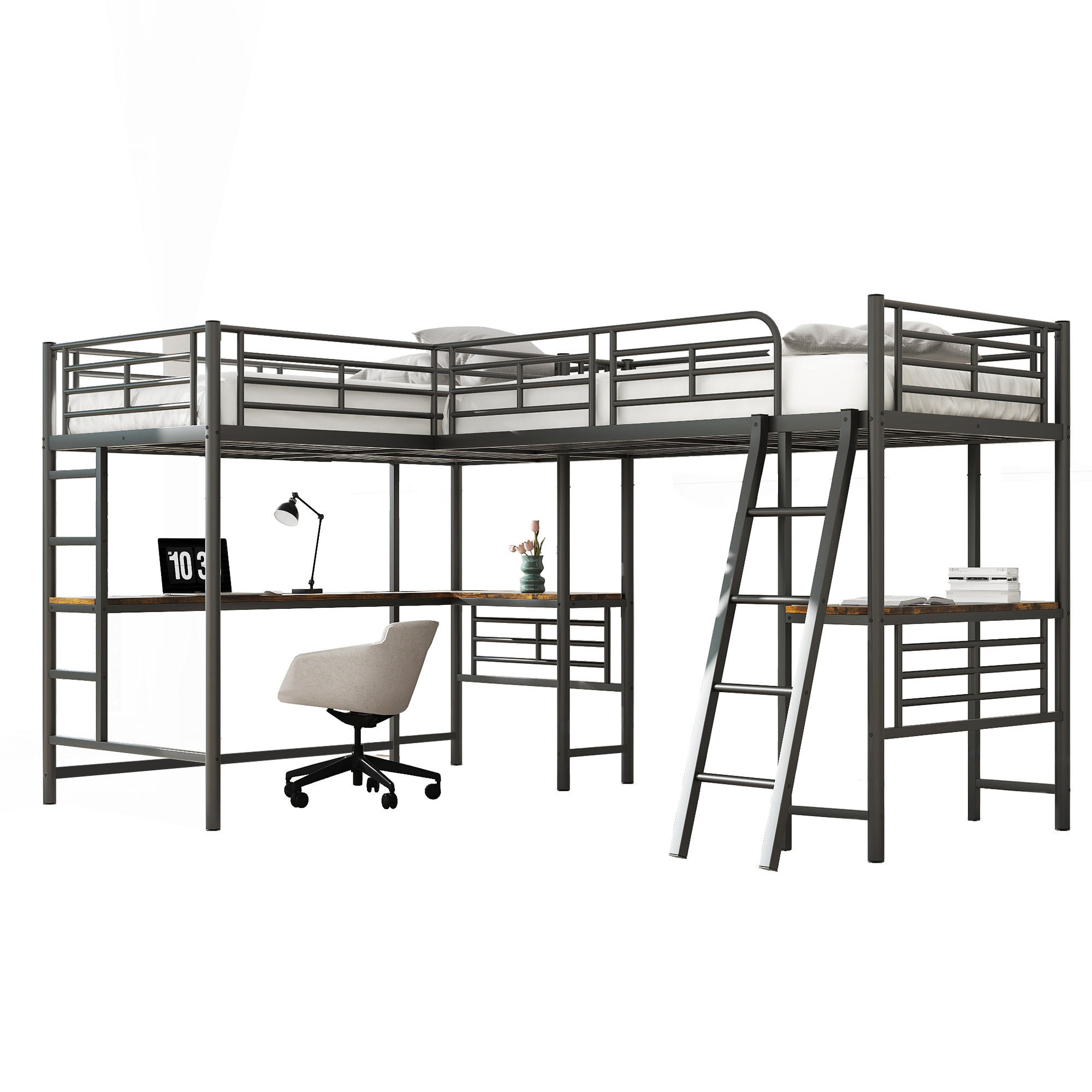 HOCHBETT 90x200cm Schwarz zwei Etagenbetten Tisch Doppeltreppe - Schwarz, Holz (90/200cm) - FLIEKS