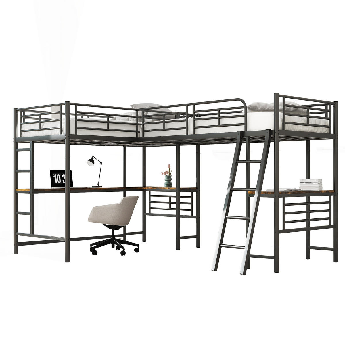 HOCHBETT 90x200cm Schwarz zwei Etagenbetten Tisch Doppeltreppe - Schwarz, Holz (90/200cm) - FLIEKS