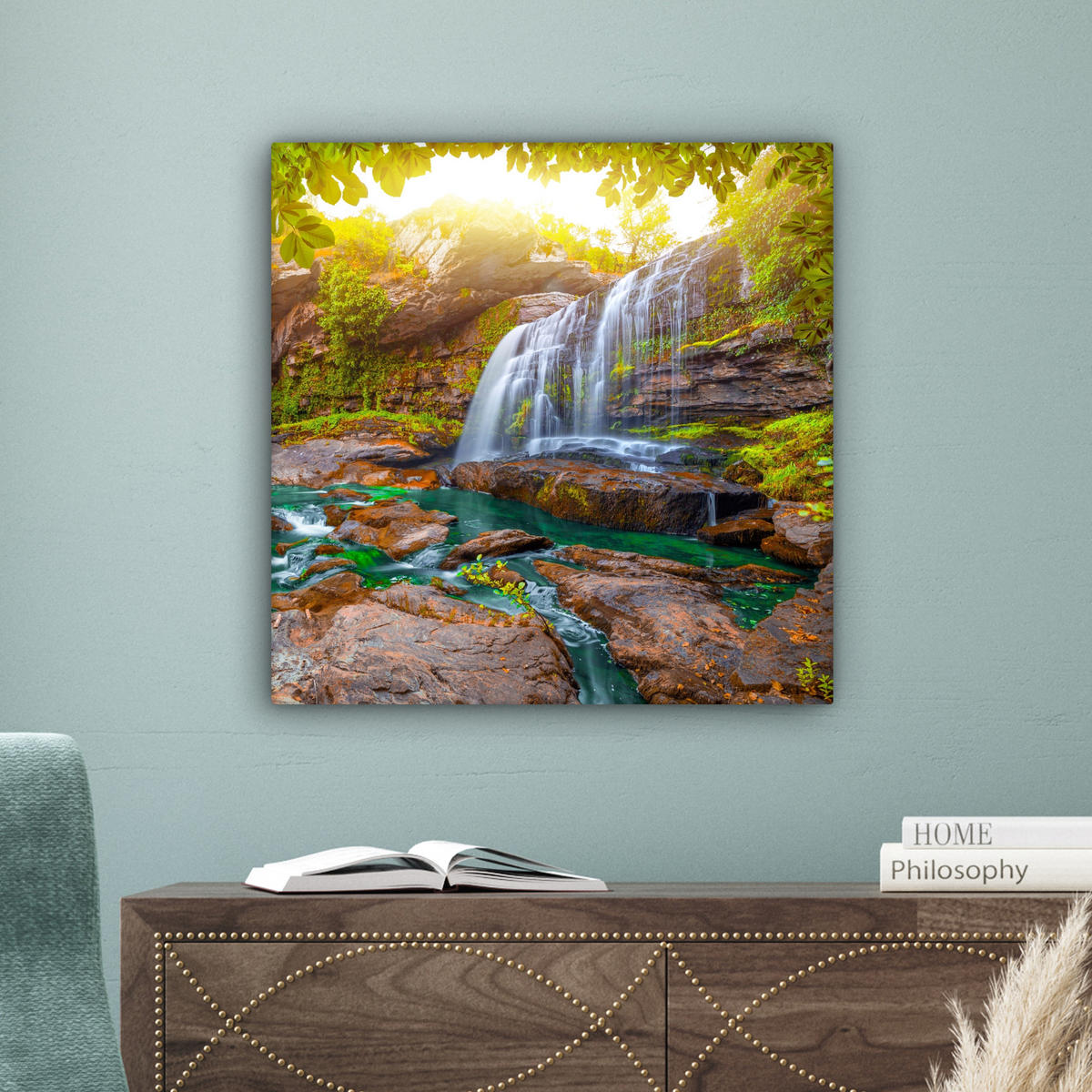 LEINWANDBILD Natur - Wasserfall - Pflanzen - Bäume - Sonne Wandbild Wohnzimmer 50x50 cm - Olivgrün, Textil (50/50cm) - MuchoWow