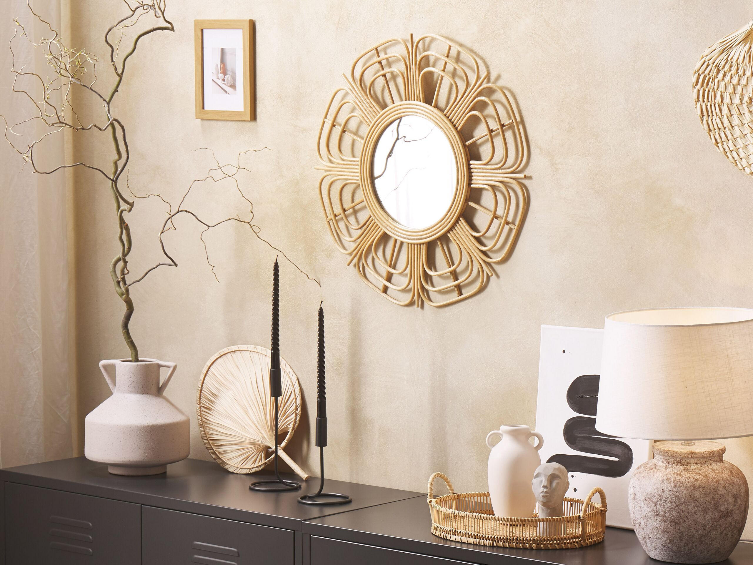 WANDSPIEGEL Rattan natürlich Sonnenform 60 cm Pasaku - Beige/Naturfarben, Naturmaterialien (60/60/1cm) - Beliani
