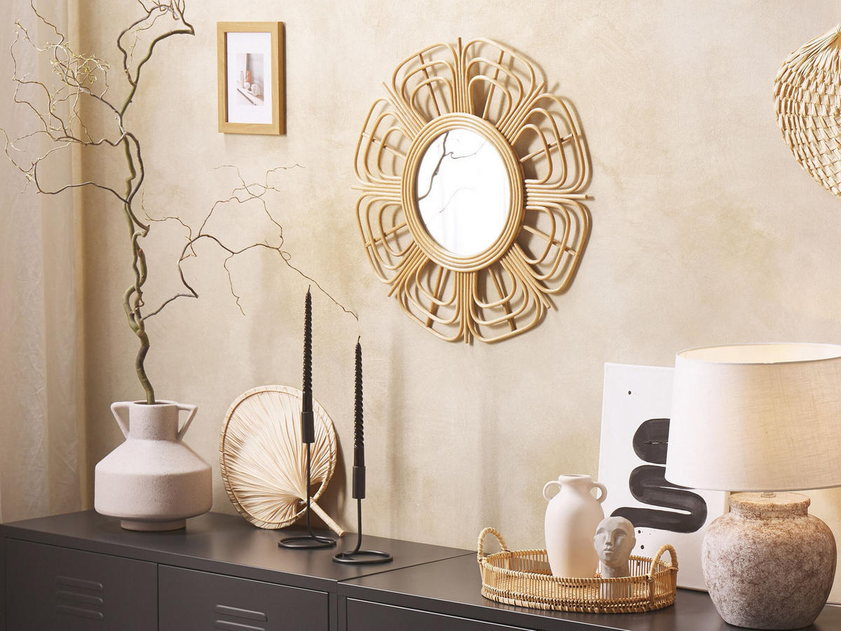 WANDSPIEGEL Rattan natürlich Sonnenform 60 cm Pasaku - Beige/Naturfarben, Naturmaterialien (60/60/1cm) - Beliani