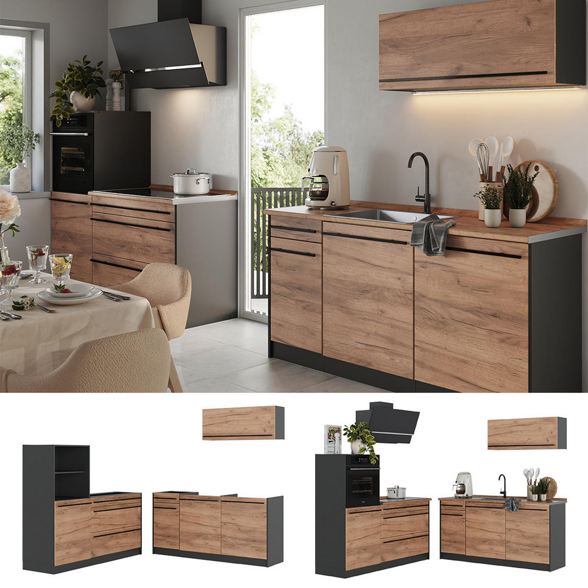 KÜCHENZEILE R-Line, Goldkraft Eiche/Anthrazit, 160 cm Arbeitsplatte Anthrazit - Honigeiche/Anthrazit, Holzwerkstoff (160/143/60cm) - Vicco