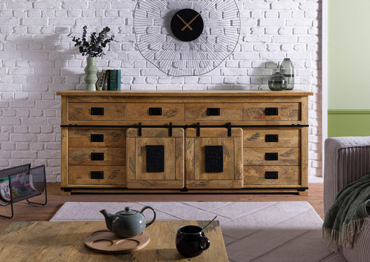 SIDEBOARD Mango 220x45x90 natur lackiert RAILWAY #192 - Naturfarben, Holz (220/90/45cm) - Massivmoebel24